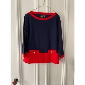 Vecceli Italy navy and red long sleeve top w/pearl buttons